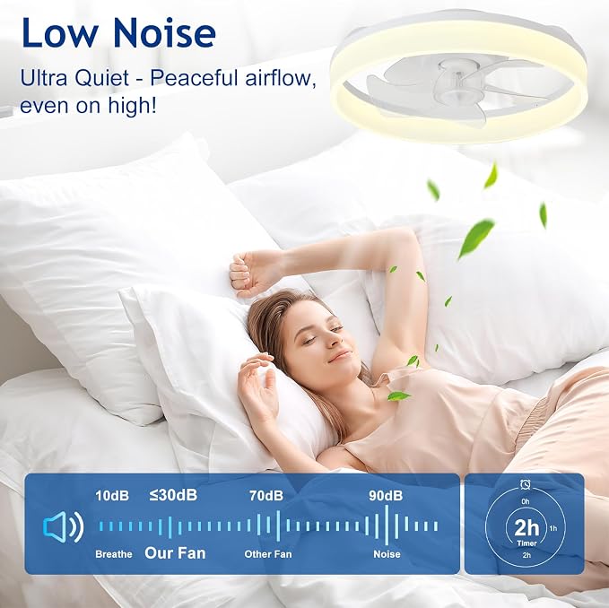 DLLT LED Ceiling Fan with Light: 16" Modern Low Profile Flush Mount Fandelier with App & Remote Control - Dimmable White Bladeless Fan Light Fixture for Bedroom Kids Room Living Room