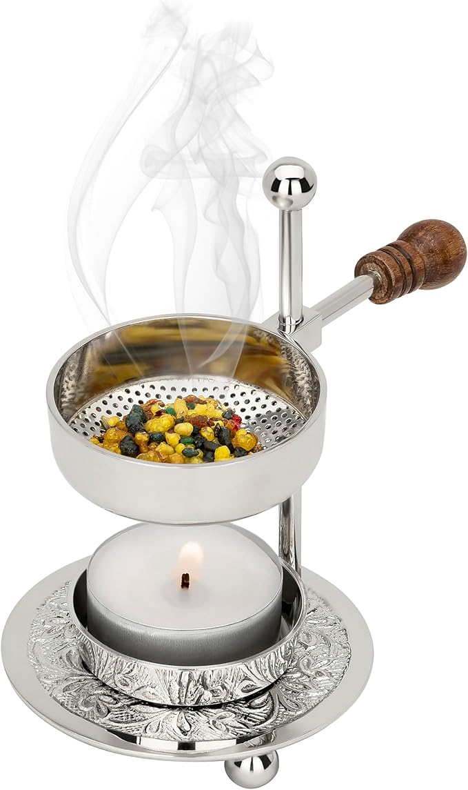 Adjustable Resin Incense Burner/Incense Censer with Tealight and Wooden Handle – HANDCRAFTET Nickel-Plated Brass, Height 4.33 inch, Durable Aromatherapy Holder for Safe Burning