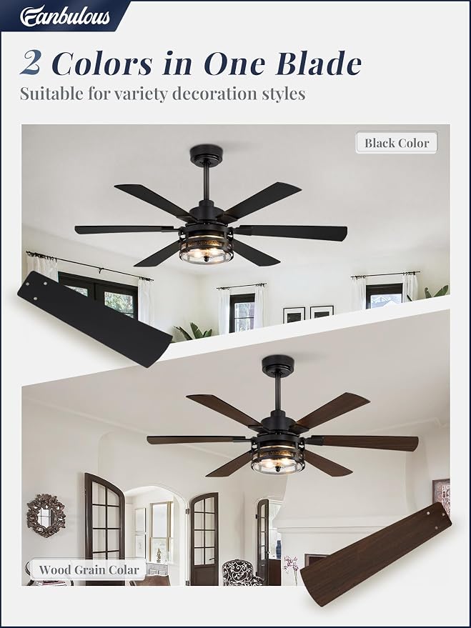48" Farmhouse Ceiling Fans with Lights and Remote,Industrial Large Ceiling Fan with 6-Speed Reversible DC Motor and 6 Dual Finish Blades,Black Ceiling Fan with Light for Living bedroom Patio