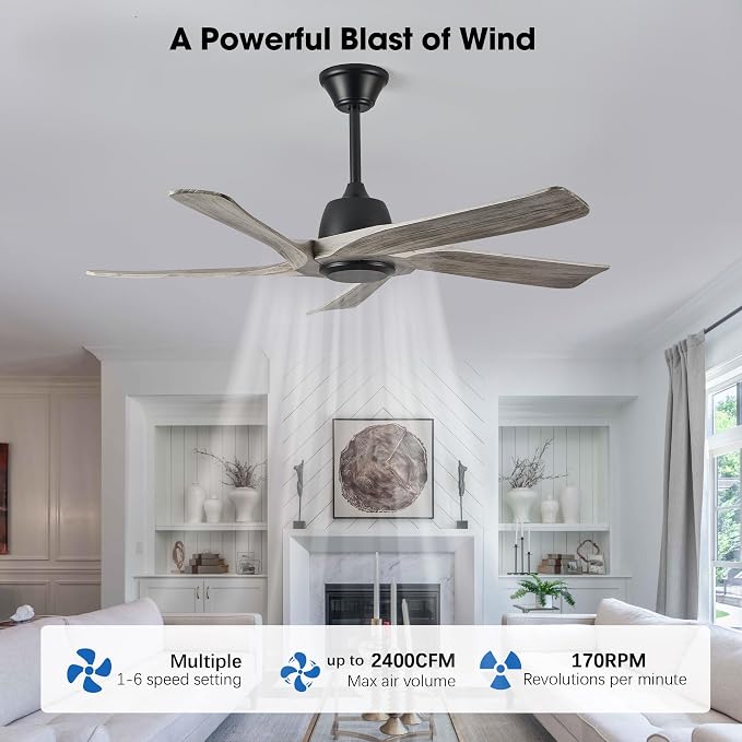 52“ DC Ceiling Fan without Light, 5 Solid Wood Fan Blades, Remote and APP Control, 6-speed Reversible, Noiseless Ceiling Fan No Lights for Bedroom, Living Room, Office, Greywood