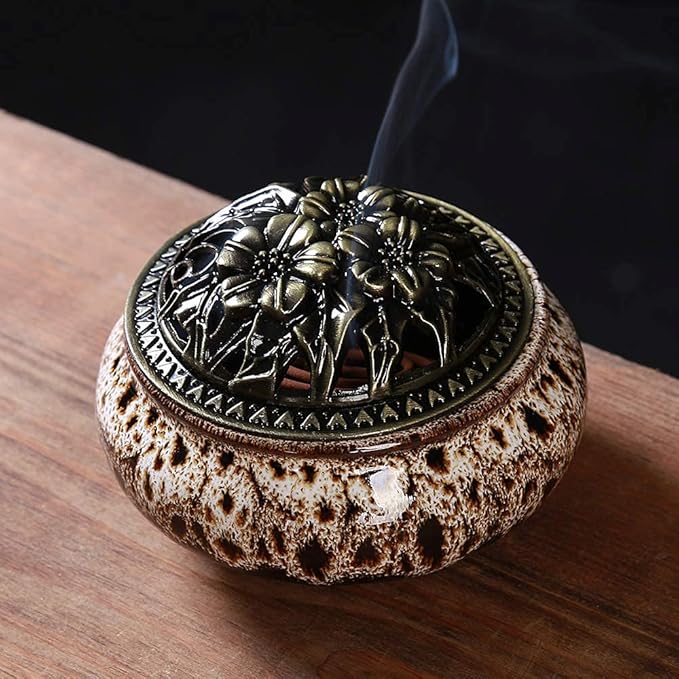 Incense Burner with Calabash Incense Stick Holder - Porcelain Charcoal Censer for Use with Resin Granular Powder Cone or Coil Incense (Fambe Gray)
