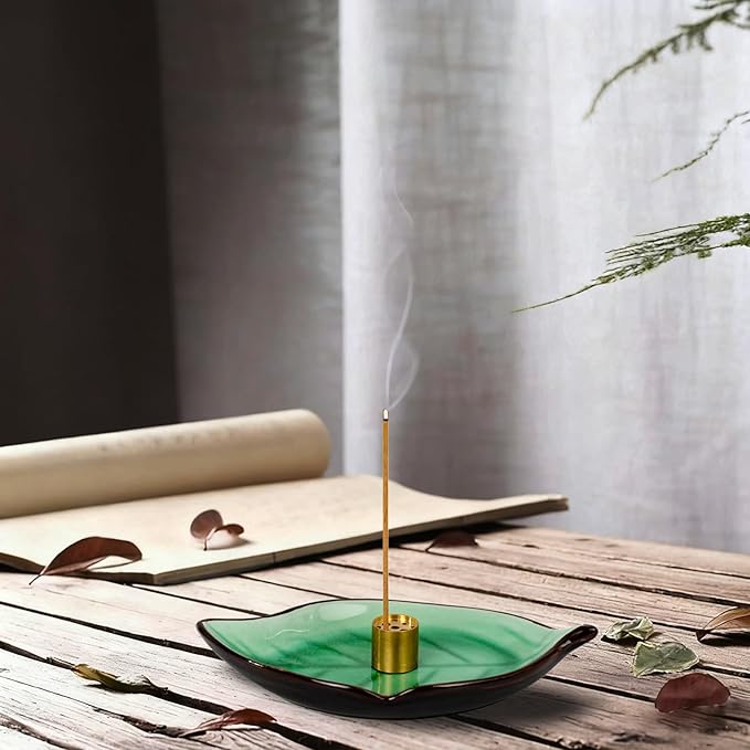 Incense Holder for Sticks (9 Holes) and Cones, Handmade Ceramic Incense Ash Catcher for Meditation, Yoga, SPA Days, Relaxing, Home Decor, Candle Holder, Easy to Clean, Leaf-Shape (Green)