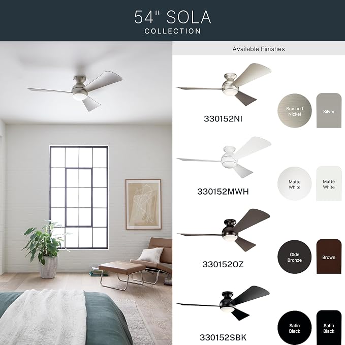 Kichler 330152MWH 54 Inch Sola Ceiling Fan LED, 3 Speed Wall Control Full Function, Matte White Finish with Matte White Blades