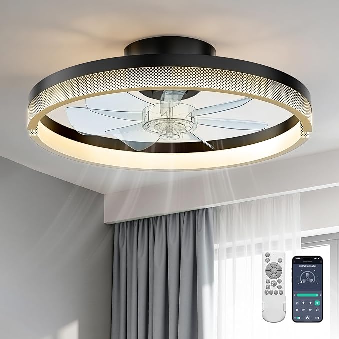 AKOFUN 18" Ceiling Fans with Lights and Remote, Low Profile Flush Mount Ceiling Fan with Light, 3000-6500K Dimmable LED Fan Light, Modern Bladeless Fandelier Ceiling Fans for Bedroom, Black Dot