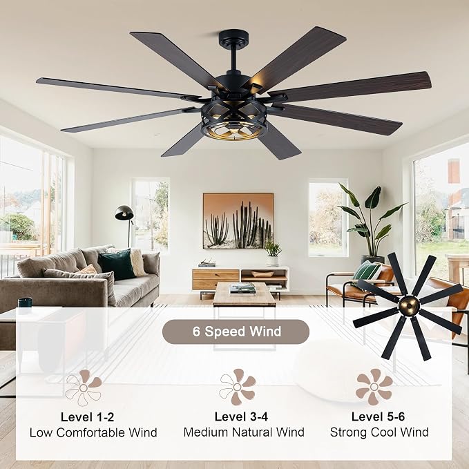 72" Farmhouse Ceiling Fan with Lights and Remote Rustic Fandelier | Black Caged Ceiling Fan Industrial Chandelier, for Living Room Garage, 3 E26 Bulbs (Not Included) Reversible DC Motor 6 Speed