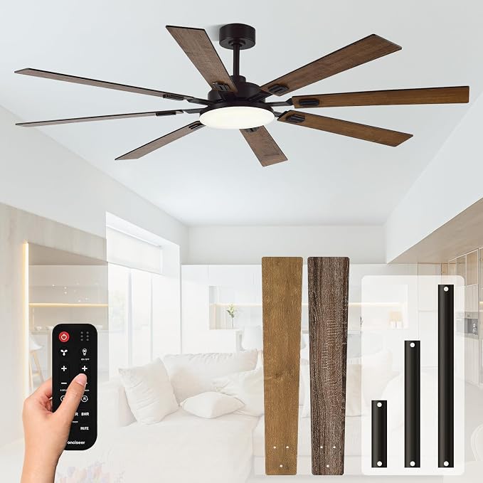 72 Inch Ceiling Fans with Lights and Remote, Dual Color 8 Blades, Bedroom Living Room Office Library Cafe Outdoor Industrial, 3CCT Dimmable, 6 Speed Reversible Quiet DC Motor, Brown/Wood Grain