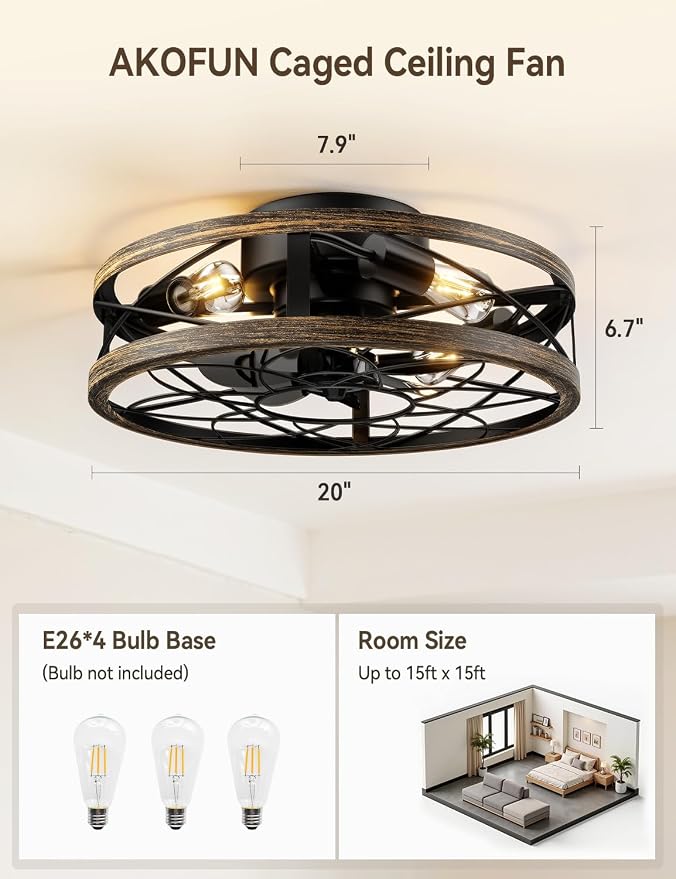 AKOFUN 20" Cage Ceiling Fan with Light and Remote, Low Profile Flush Mount Fan, 6 Speed Reversible DC Motor, 1/2/4/8/12H Timer, Bladeless Fandelier Rustic Farmhouse Light for Bedroom Living Room Patio