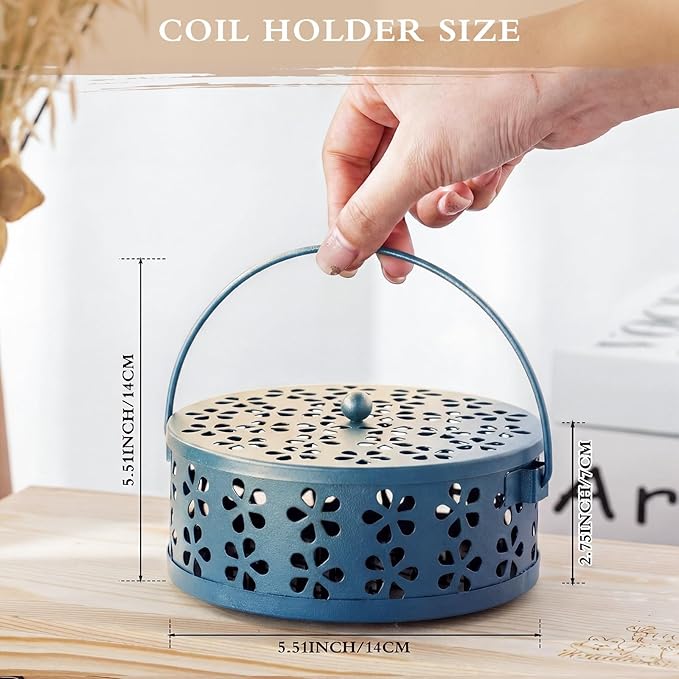 Lallisa 4 Pieces Mosquito Coil Holder Incense Coil Holder Retro Portable Round Metal Hanging Incense Burner Holders with Handle for Home Indoor Outdoor Camping Patio (Blue)