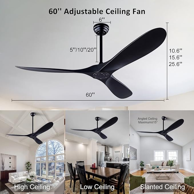 QUTWOB 60" Ceiling Fan with Remote Control No Lights,Modern Reversible DC Motor Indoor Outdoor 3 Blades Ceiling Fans for Patio Bedroom Living Room(Black)