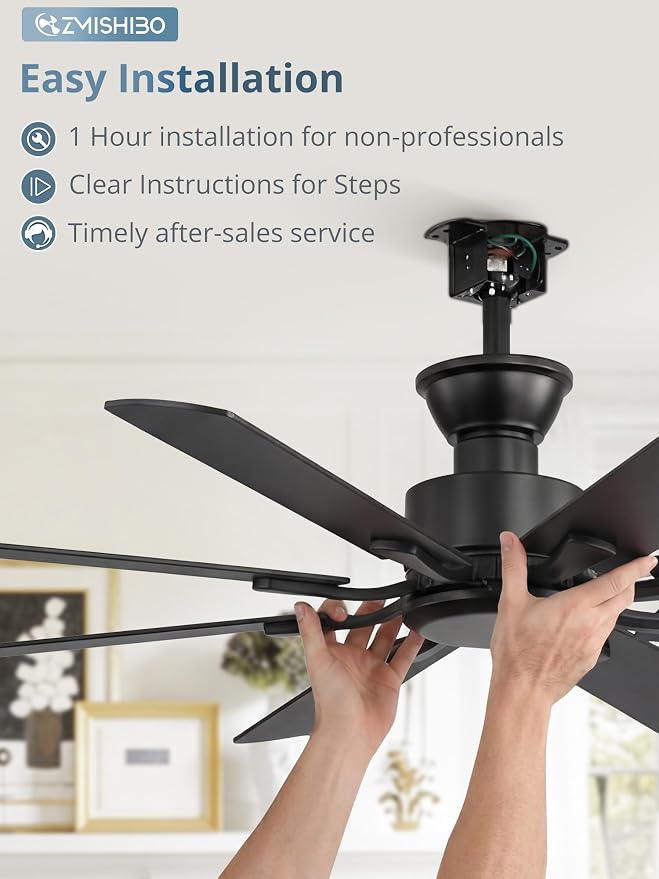 ZMISHIBO 52 inch Ceiling Fan no Light, 8 Blades Black Ceiling Fans without lights, Quiet Rerverible DC Motor, 6speeds, for Bedroom, Living Room, Home Office and Patio