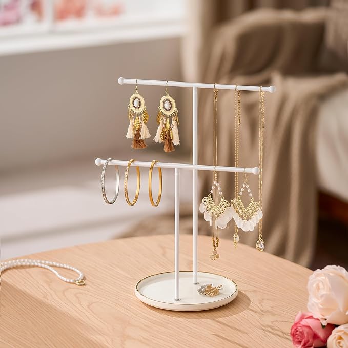 Jewelry Stand with Ceramic Tray, Necklace Holder, White Bar White Base | Ceramic Base, Gift for Women & Girls, Hanging Necklace Organizer Tree, Earrings, Bracelets, Rings, small