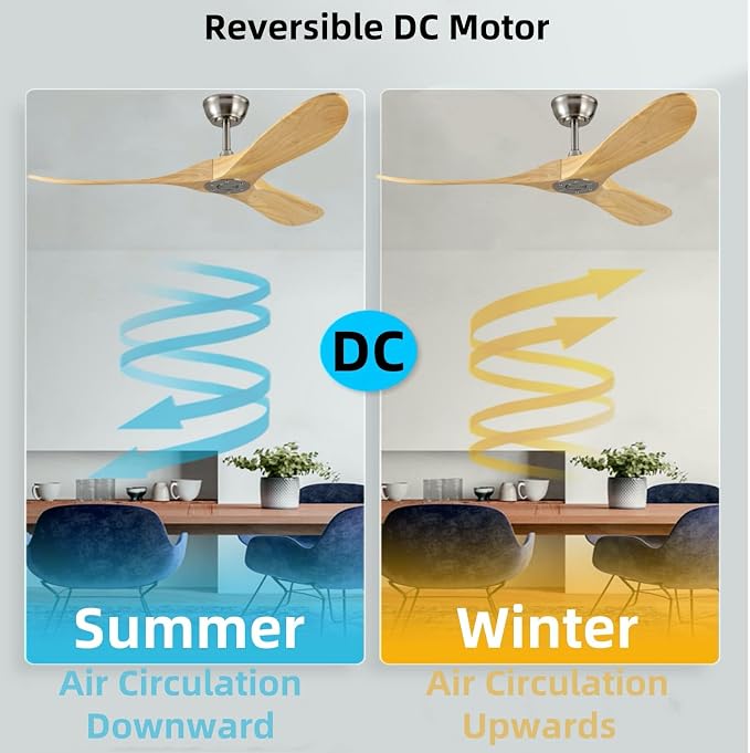 52 Inch Ceiling Fan No Light,Solid Wood Ceiling Fan Without Light, 3 Wood Blades 6 Speeds Smart Timing Reversible DC Motor, Modern Fans for Indoor Outdoor Farmhouse Patios