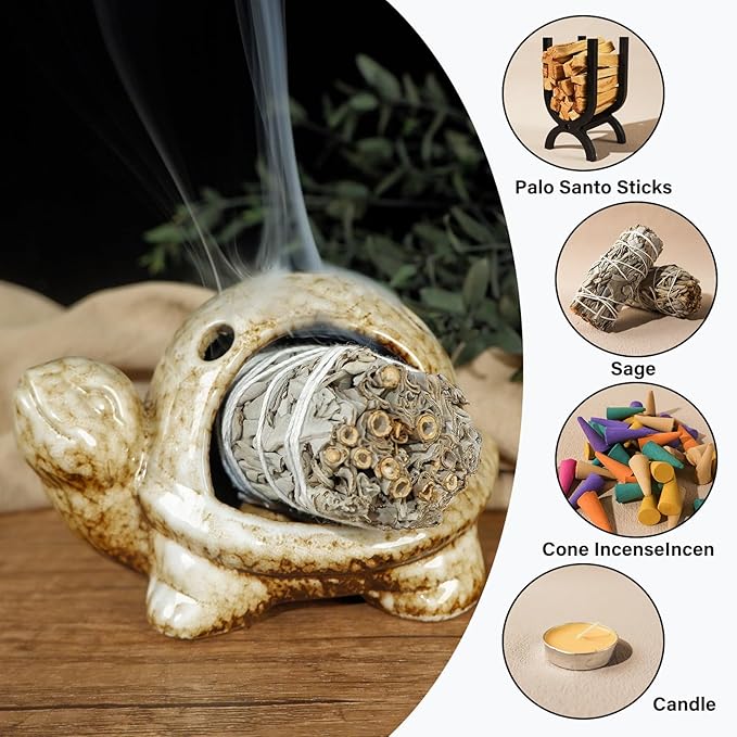 Mougigi Handcrafted Brown Ceramic Turtle Mini Chiminea Palo Santo Burner Holder ，for Burning Sage、Cone Incense、Copal&Small Candle，Thoughtful Gifts for Meditation, Yoga, Aromatherapy Altar、Zen Spaces