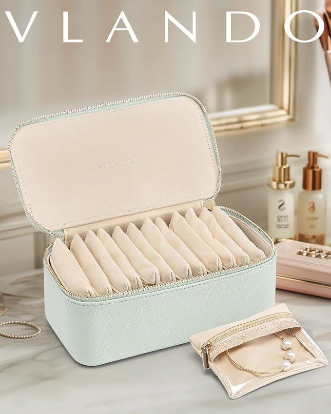 VLANDO Jewelry Organizer with 12 Velvet Jewelry Bags Travel Jewelry Case for Girls Premium Petal Hardware Jewelry Box Necklace Rings Earrings Bags Birthday Holidays Gifts for Self-Mint Green