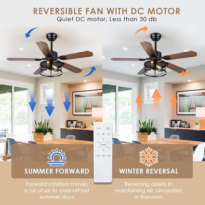 Hounberi 42 Inch Farmhouse Ceiling Fan with Light, Rustic Caged Ceiling Fans with Lights and Remote, Dual Finish 5 Blades, 6 Speeds, Reversible DC Motor, Vintage Rustic Ceiling Fans for Living Room
