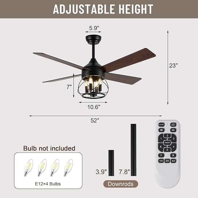 52" Industrial Ceiling Fans with Lights and Remote Control | ReversibleQuiet DC Motor,4 Double Finish Wood Blades,Rustic Ceiling Fan with Light For Porch,Living Rooms,Bedroom