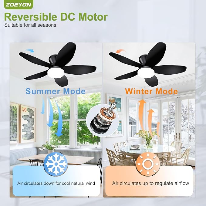 Small Ceiling Fan with Light - 35 Inch Flush Mount Ceiling Fan with Lights and Remote, Low Profile Ceiling Fans with 5 Reversible Blades, 6 Wind Speeds, Black Ceiling Fans for Bedroom