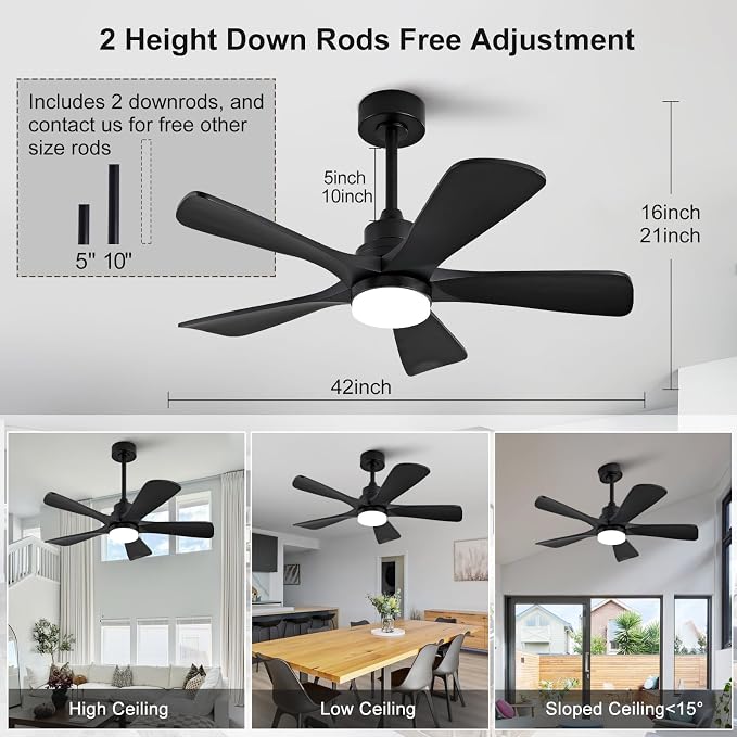 42 Inch Solid Wood Ceiling Fans with Lights, Black Ceiling Fan with Light for Bedroom, Noiseless DC Motor, Dimmable Led 5 Blades Ceiling Fan with Light