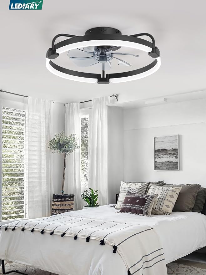 LEDIARY Ceiling Fans with Lights and Remote, 20'' Low Profile Ceiling Fan with Light, 3000-6000K Dimmable Fandelier LED Fan Light, 6 Wind Speeds, Black Modern Flush Mount Ceiling Fan for Bedroom