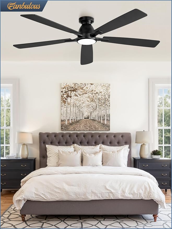 Fanbulous 60 inch Ceiling Fans with Lights, Smart Flush Mount Ceiling Fan and Remote APP, Modern Low Profile, 3CCT 20W LED with 6-Speeds Quiet Reversible Motor for Bedroom, Living Room, Kitchen, Black