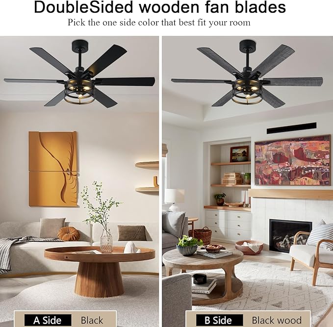 NKPU 52 Inch Farmhouse Ceiling Fan with Light and Remote, Black Industrial Caged Rustic Ceiling Fan with 6 Speed Reversible Motor and Dual Finish 6 Blades, Rustic Ceiling Fan for Living