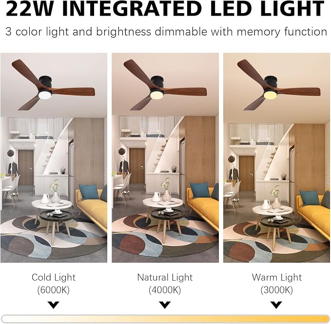 52" Dark Brown Ceiling Fan Flush Mount with Lights and Remote Control