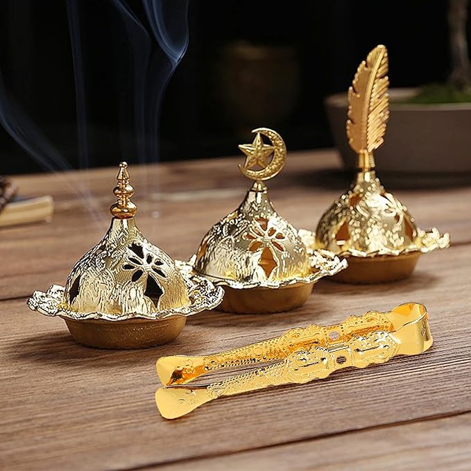 4 pcs Golden Incense Tongs, Vintage Charcoal Tongs with Floral Engraved Handle, Metal Incense Burner Clamp, Design Incense Clip (10.5CM)