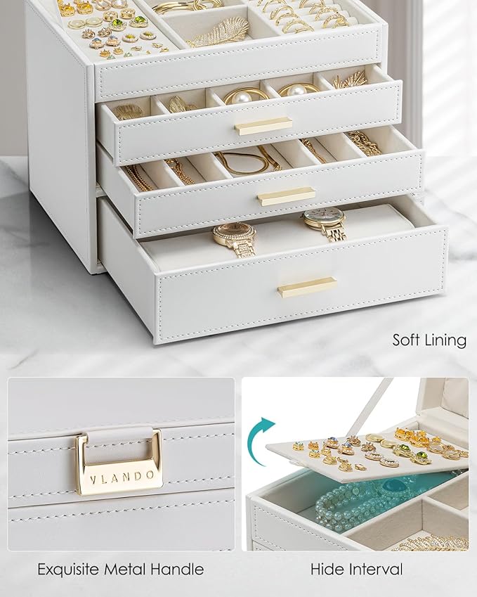 VLANDO 4 Layer Large Jewelry Box - Jewelry Holder Organizer, Jewelry Box Organizer for Drawer Necklace Ring Bracelet and Watch, Birthday Gift for Loved Ones - White