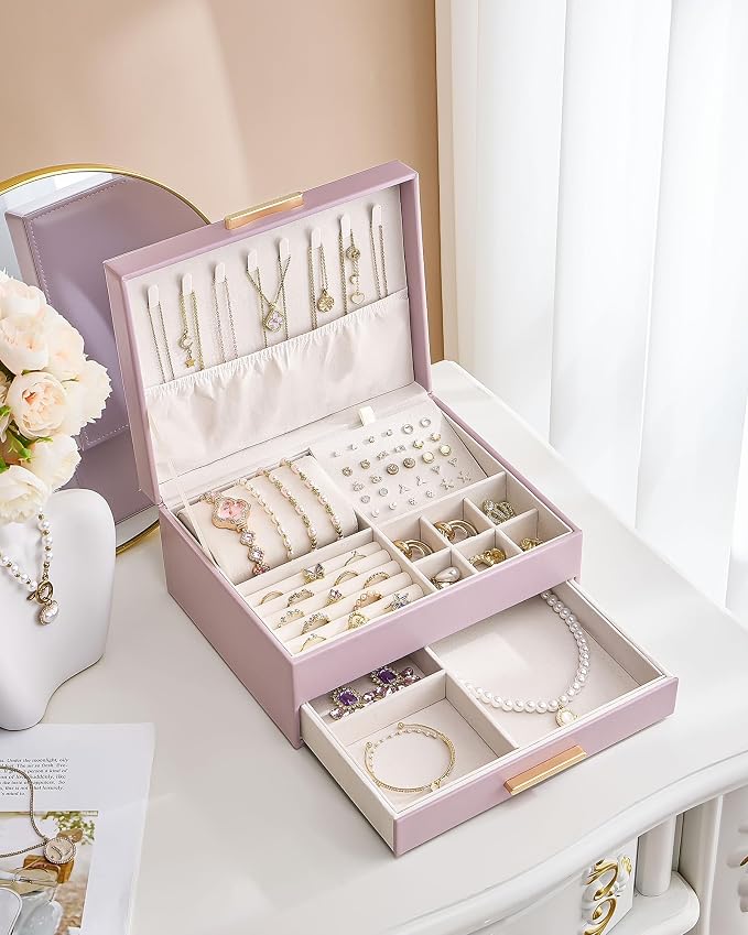 Lolalet 2-Layer Jewelry Box Organizer Holder for Women Girls Mom -Purple | Jewelry Storage Case with Drawers for Necklaces Ring Earrings Bracelet Watch, Gifts Choice for Mom Mother’s Day
