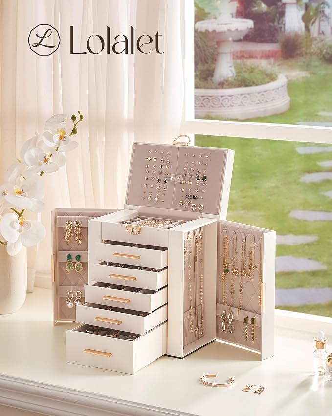Lolalet Large Jewelry Box Organizer for Women, 6-Layer Jewelry Organizers and Storage Case with Mirror & 5 Drawers, Lockable Watch Ring Earring Bracelet Necklace Holder Girls Gift -6Layer, Beige