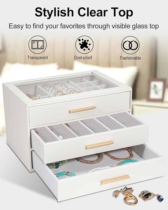 GUOER Jewelry Box for Women, Glass Lid Jewelry Organizer with 3 Drawers PU Jewelry Storage Case for Necklaces Rings Earrings Bracelets (Pink)