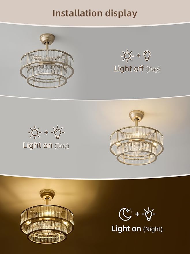 Gold Fandelier Ceiling Fans with Lights, 20" Gold Crystal Chandelier Ceiling Fan with Light Remote Control, Caged Mid Century with 6 Speeds for Bedroom, Living Room, Nursery