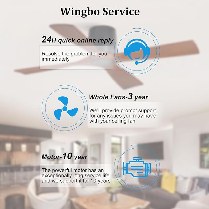 WINGBO 48 Inch Ceiling Fan Without Light, Solid Wood Flush Mount Ceiling Fan with Remote Control, Reversible DC Motor, 4 Blades,6-Speed Quiet Performance, for Bedroom & Living Room, Matte Black+Walnut