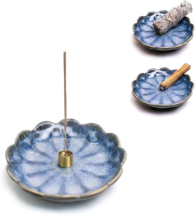 Pinehaven Incense Holder and Burner, Japanese Ceramic Incense Stick Holder with Ash Catcher, 5.5 Inch Blue Tray, Solid Brass 9-Hole Insert for Palo Santo, Sage, Zen Meditation Home Decor