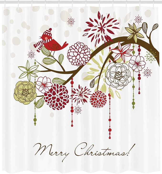 Ambesonne Christmas Shower Curtain, Floral Winter Red Bird Hat and Scarf on Blooming Tree Nature Inspired, Cloth Fabric Bathroom Decor Set with Hooks, 69" W x 84" L, Green White