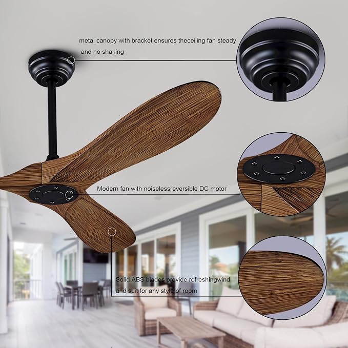 QUTWOB 52" Ceiling Fan with Remote Control No Lights,Modern Reversible DC Motor Indoor Outdoor 3 Blades Ceiling Fans for Patio Bedroom Living Room(Black+Dark Walnut)