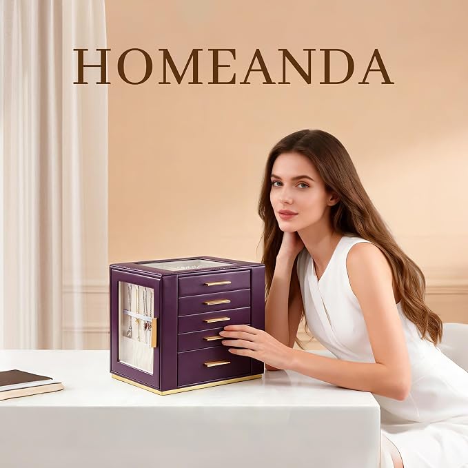 Homeanda Jewelry Box for Women with Glass Lid, 5 Drawers Jewelry Organizer and Storage for Necklaces, Rings, Earrings, Bracelets, Gift for Girls and Teens,PU Leather (Purple)