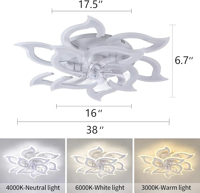 38" White Geometric Ceiling Fan with Light Remote Control, 3 Light Color 6 Speeds LED Flower Flush Mount Low Profile Ceiling Fan for Living Room