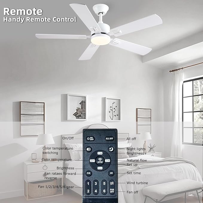 FUMLTP 46 inch Modern White Ceiling Fans with Lights APP/Remote Control, Low Profile Reversible 6 Speeds Ceiling Fan Light for Indoor/Outdoor Patio Bedroom Living Room