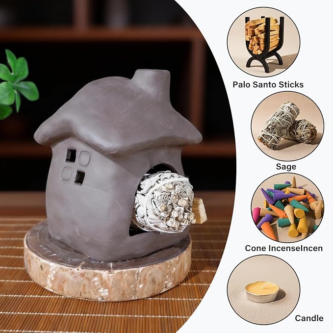 Mougigi House Palo Santo Burner - Mini Ceramic Chiminea Holder with Stable Base | Perfect for Burning Sage, Incense Cones & Essential for Zen Altars, Meditation, Yoga, Home Decor & Thoughtful Gifts.