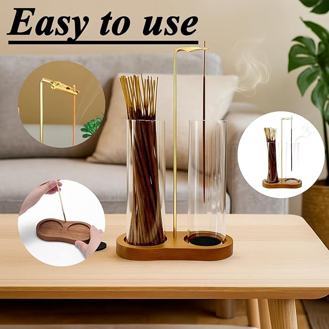 2 in 1 Incense Stick Holder - Glass Incense Holder with Ash Catcher & Incense Storage and Sticky Pads, Anti-Ash Flying Incense Stick Burner for Meditation Yoga Spa Home Office Decor