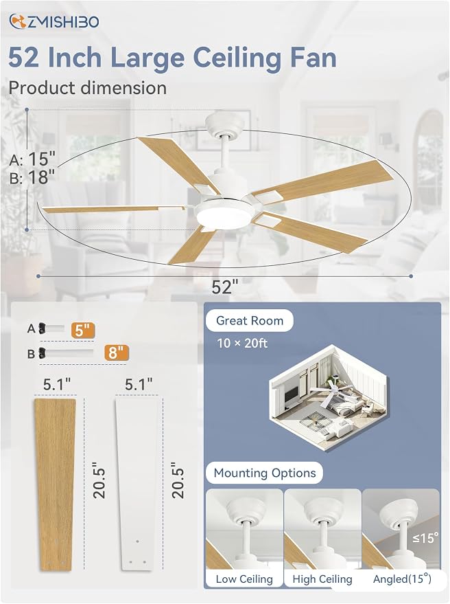 ZMISHIBO 52 inch White Ceiling Fans with Lights and Remote, Indoor/Outdoor Modern Ceiling Fan for Bedroom Living Room Patio, 6 Speed Reversible Quiet DC Motor, 3 CCT, Dual Finish Blades