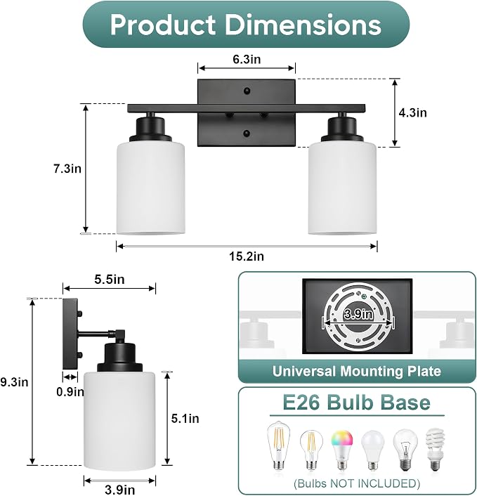 Ascher Bathroom Light Fixtures, 2-Light Vanity Light Over Mirror, Matte Black Wall Sconces with Milky White Frosted Glass Shades, Wall Lamp for Living Room Bedroom, E26 Base(Bulbs Not Included)