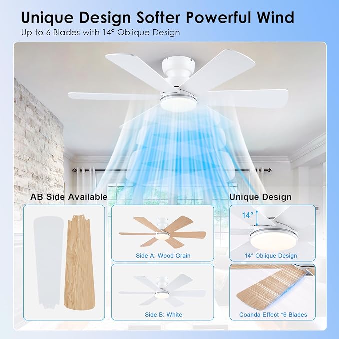 BayDay 46 inch Ceiling Fans with Lights, Ceiling Fan with Remote APP, Dual-Sided Modern/Rustic 6 Blades, Reversible, 3CCT, Flush Mount Low Profile Ceiling Fan with Lights Bedroom Kitchen Indoor White