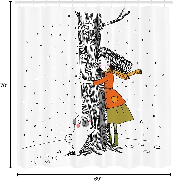 Ambesonne Dog Shower Curtain, Young Girlnd Pug Dog Holding Tree in The Snowy Weather Illustration, Cloth Fabric Bathroom Decor Set with Hooks, 69" W x 70" L, White Black
