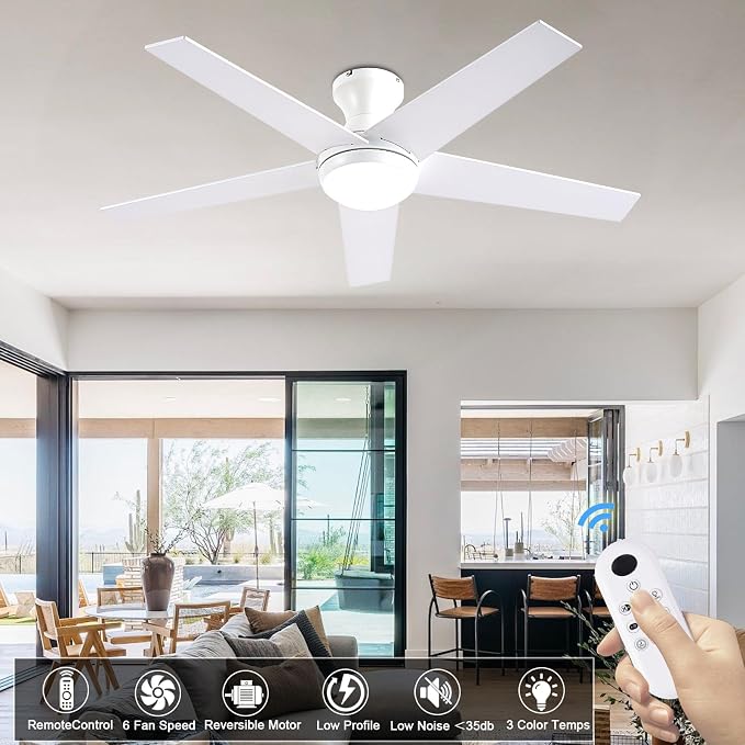 Ayaoty Ceiling Fans with Lights, 54" Low Profile Indoor Ceiling Fan with Light and Remote Control, Dimmable, Noiseless, Reversible, Brown Ceiling Fan for Bedroom, Indoor/Outdoor Use