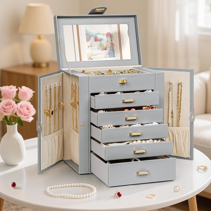 AKOZLIN 6-Tier Jewelry Box Organizer Functional 5 Drawers Leather Jewelry Storage Case for Women Girls Ring Necklace Earring Bracelet Holder Organizer with Mirror Medium Grey