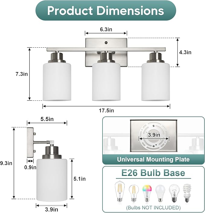 Ascher Bathroom Light Fixtures, 3-Light Vanity Light Over Mirror, Brushed Nickel Wall Sconces with Milky White Frosted Glass Shades, Wall Lamp for Living Room Bedroom, E26 Base(Bulbs Not Included)