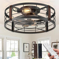 Passky 20" Farmhouse Flush Mount Ceiling Fans with Lights and Remote, Industrial Black Caged Low Profile Fandelier, 6 Speeds Bladeless Ceiling Fan for Bedroom, Kitchen, Living Room