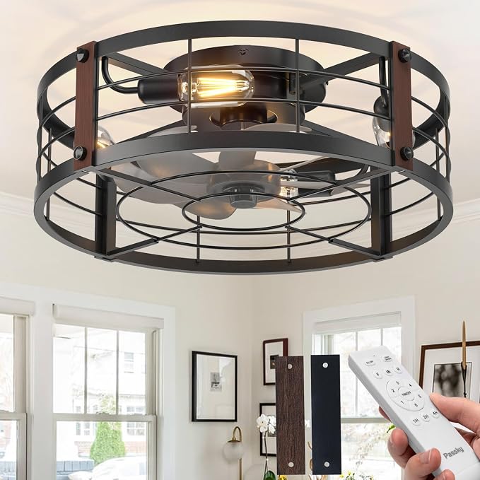 Passky 20" Farmhouse Flush Mount Ceiling Fans with Lights and Remote, Industrial Black Caged Low Profile Fandelier, 6 Speeds Bladeless Ceiling Fan for Bedroom, Kitchen, Living Room